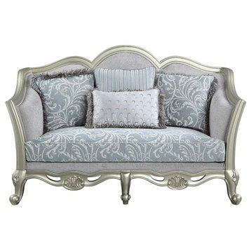 Acme Qunsia Loveseat With 4 Pillows Light Gray Linen and Champagne Finish