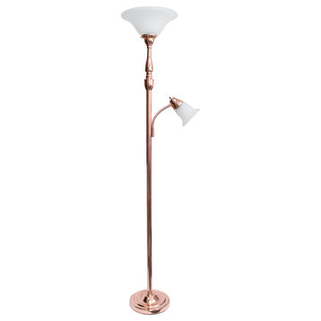 2 Light Mother Daughter Floor Lamp With White Marble Glass, Rose Gold