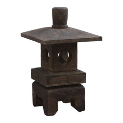 Chinese Gray Brown Square Short Stone Garden Lantern - Garden Statues And Yard Art