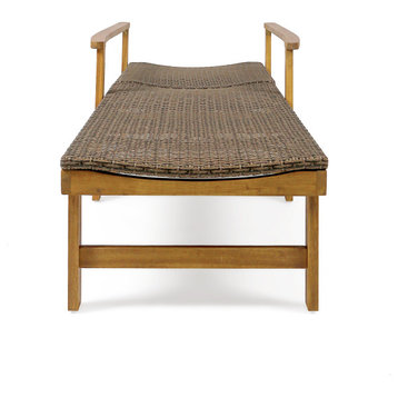 GDF Studio Kyle Outdoor Rustic Acacia Wood Chaise Lounge with Wicker Seating, Natural Stained/Mix Mocha