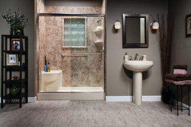Bathroom - mid-sized transitional porcelain tile and brown floor bathroom idea in Austin with brown walls and a pedestal sink
