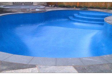 Foto de piscinas y jacuzzis tradicionales grandes a medida en patio trasero con losas de hormigón
