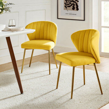 Milia Modern Audrey Velvet Dining Chair With Metal Legs Set of 2, Yellow