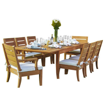 9-Piece Outdoor Teak Dining Set, 94" Extension Rectangle Table, 8 Arm Chairs