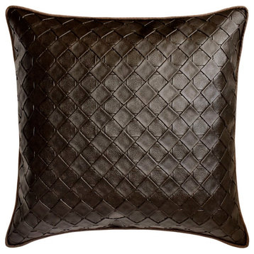 Brown Faux Leather Textured Weave Solid 24"x24" Pillow Cover-Brown Leather Weave