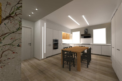 Foto de cocina minimalista de tamaño medio sin isla con fregadero de un seno, puertas de armario blancas, electrodomésticos con paneles y encimeras grises