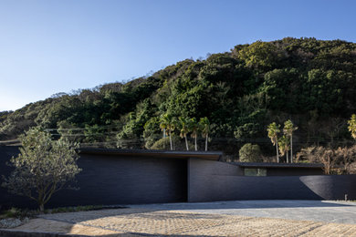 Idee per la villa grande nera moderna a un piano con copertura in metallo o lamiera e tetto nero