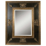 Uttermost - Cadence Mirror - This stately mirror has antiqued gold leaf inner and outer edges and ornamentation. The inside panels have a distressed black finish with green glaze. Features a generous 12" wide frame and mirror is beveled.