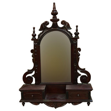 Oriental Asian Vintage Brown Wood Wall Mount Mirror Chest Hws2321