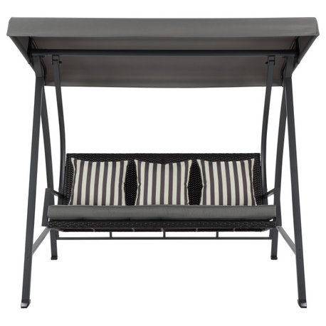 CorLiving Flora 3-Seat Metal Frame Patio Swing w Canopy and Striped Pillows, Gra