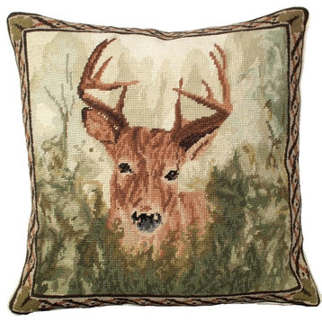 Throw Pillow Needlepoint Stag in Forest 18x18 Beige Wool Cotton