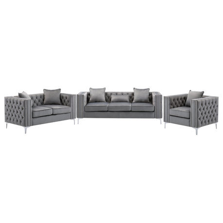 Lilola Home Lorreto Gray Velvet Fabric Sofa Loveseat Chair Living Room Set