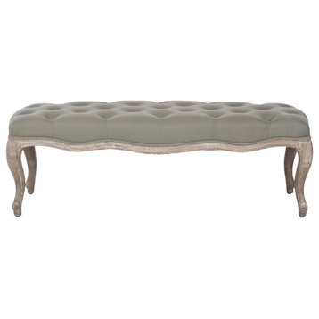 Elegant Accent Bench, Pickled Oak Cabriole Legs & Padded Seat, Sea Mist