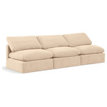 Meridian Furniture - Indulge Upholstered Modular Sofa, Beige, 3-Piece: 3 Armless Chair, Down Stuffed Velvet - Experience ultimate comfort and style with our beige velvet Indulge Sofa. The luxurious velvet will elevate the aesthetic of any room. This sofa provides ample space for you to relax while its modular build offers the option of unlimited configurations. Whether you're looking to add a stylish element to your living room or a comfortable seating option to your bedroom, this sofa is the perfect choice.