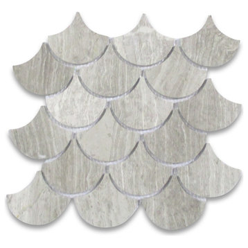 Athens Silver Cream Fish Scale Fan Tile Haisa Light Marble Backsplash, 1 sheet