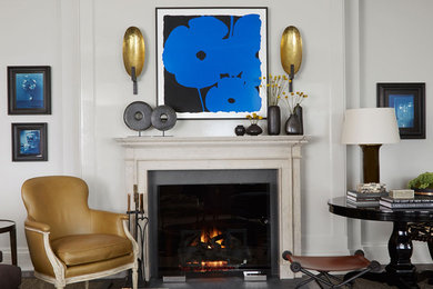 Living room - large eclectic open concept dark wood floor living room idea in New York with white walls, a standard fireplace and a stone fireplace