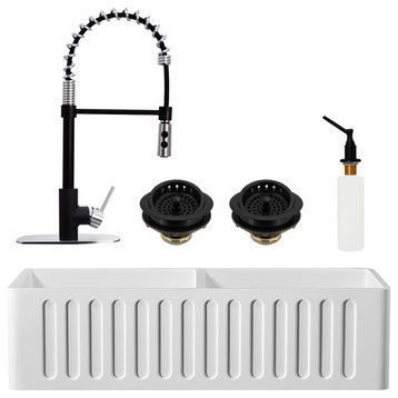 36" Double Bowl Solid Surface Reversible Sink and Faucet Kit, Black/Steel