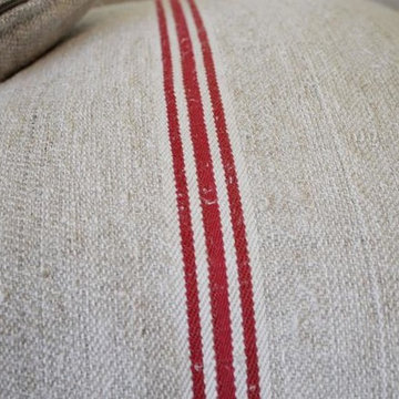 Vintage Red Stripe European Grainsack Pillows Pair
