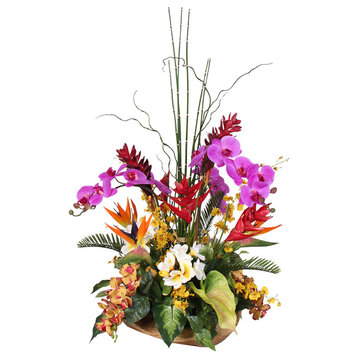 Exotic Tropical Silk Flower Arrangement in Teakwood Bowl