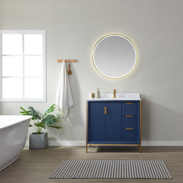 Granada Vanity With White Composite Stone Top, Royal Blue, 36", With Mirror