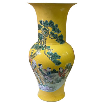Vintage Chinese Yellow Base People Scenery Wide Mouth Porcelain Vase Hws2558