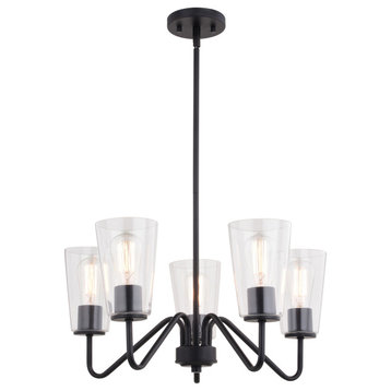 Beverly 5 Light Matte Black Chandelier Fixture Clear Glass Shade, LED Compatible