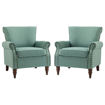32.5" Wooden Upholstered Accent Chair With Arms Set of 2, Sage