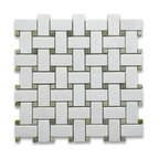 Thassos White Marble 1x2 Basketweave Mosaic Tile Green Dots Honed, 1 sheet