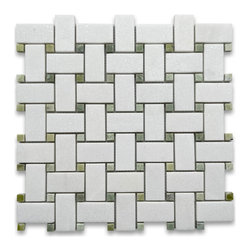 Stone Center Corp - Thassos White Marble 1x2 Basketweave Mosaic Tile Green Dots Honed, 1 sheet - Wall And Floor Tile