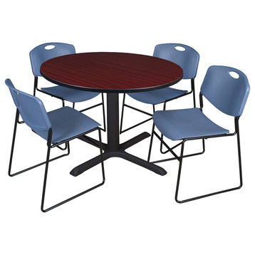 Cain 48" Round Breakroom Table- Mahogany & 4 Zeng Stack Chairs- Blue