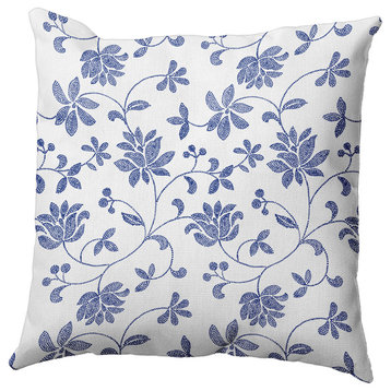 Traditional Floral Polyester Indoor Pillow, Porcelain Blue, 18"x18"