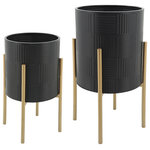 Sagebrook Home - S/2 Planter W/ Lines On Metal Stand, Black/gold - Give your plants an elegant home using this beautiful set of planters. Made with metal and given exceptional elegance with a matte black finish and with geometric textured surface. Sitting on a gold stand to bring the entire design together with a touch of gold, made to add a pop of shine and color to your room.