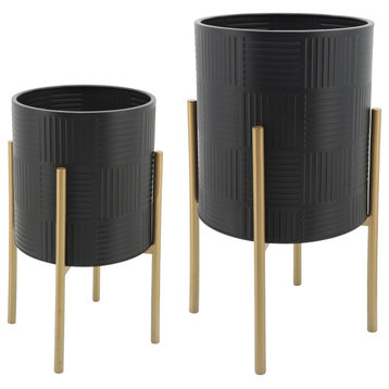 2-Piece Set Planter With Lines On Metal Stand, Black/Gold