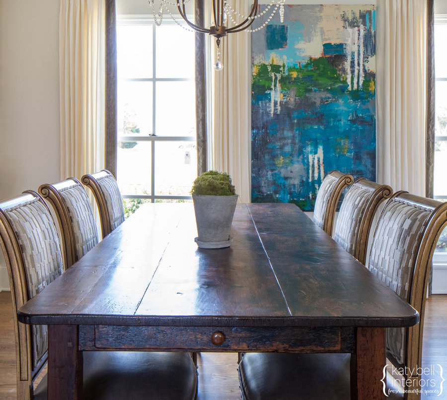 Custom Farm table, upholstered chairs, Local Abstract Art