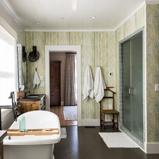 Mid-sized transitional master glass tile cork floor bathroom photo in Louisville with distressed cabinets and multicolored walls
