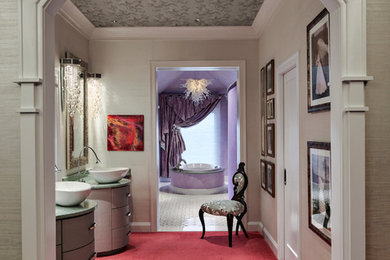 Example of a large transitional master porcelain tile and multicolored floor drop-in bathtub design in Bridgeport with furniture-like cabinets, gray cabinets, gray walls and a vessel sink