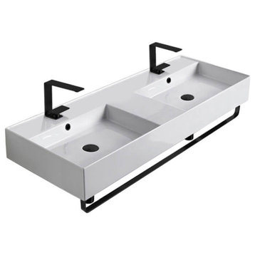 Double Ceramic Wall Mounted Sink With Matte Black Towel Holder, Two Hole