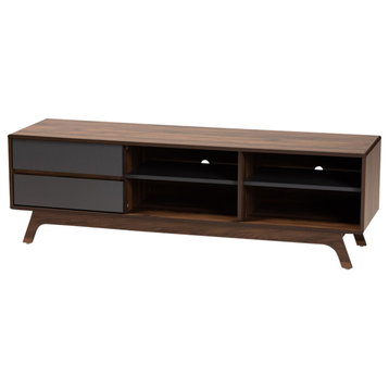 Greeder Mid-Century Modern Two-Tone Gray and Walnut Wood 2-Drawer TV Stand