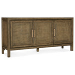 Hooker Furniture - Sundance Small Media Console - With a laid-back tropical vibe, the Sundance Media Console has three rattan-front doors with soft-close hinges and is finished in Cliffside, a rich brown with light burnishing on the edges. Crafted of Pecan Veneers and Rattan with a Solid Wood edge top, the console has one vented adjustable shelf behind the left pair of doors and one vented adjustable shelf behind the right door, a ventilated back panel and one 3-plug electrical outlet. Accommodates a 65-inch flat screen TV.