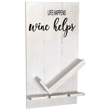 Wall Mounted Wooden Wine Bottle Shelf With Glass Holder, White Wash