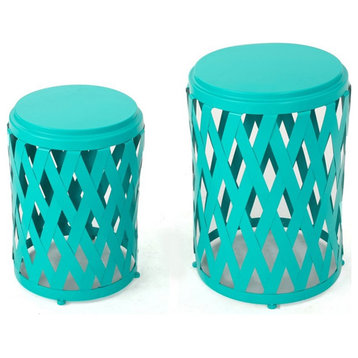 Noble House Selen Outdoor Small and Large Iron Side Table Set in Blue (Set of 2)