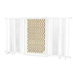 Fusion Gates - Fusion Gate with Gold Lattice Design, White Pearl, 65"-71.4" - Dog Gates
