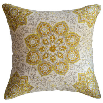 18"x18" Medallion Pillow, Gold, Without Piping, Without Insert