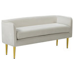 Meridian Furniture - Audrey Velvet Upholstered Bench, Cream - Sit or recline in exquisite comfort on this Audrey bench from Meridian Furniture. The cream velvet is smooth and soothing to touch, perfect for relaxing after a long day of activities. Underneath the bench are four golden legs for sturdy support with caps on each leg to protect your floors. The contemporary design suits modern households while the 20-pound weight makes it easy to move around as needed. Sit the bench in the living room for extra seating or by the front door for putting on shoes.
