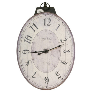Distressed Oval Shape Wooden Wall Clock With Ring Hanger,  White And Black