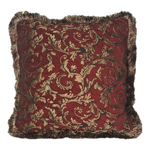 Red Gold Chenille Floral Throw Pillow With Fringe Traditional