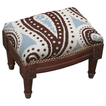 Paisley Wool Needlepoint Wooden Footstool, Blue and Brown With Wood Stain Finish
