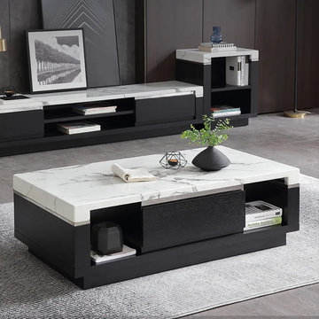 Modern Marble Coffee Table with Storage & Drawers in Wood