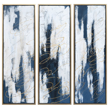 Blue Abstract Triptych Set Textured Metallic Hand Painted Wall Art
