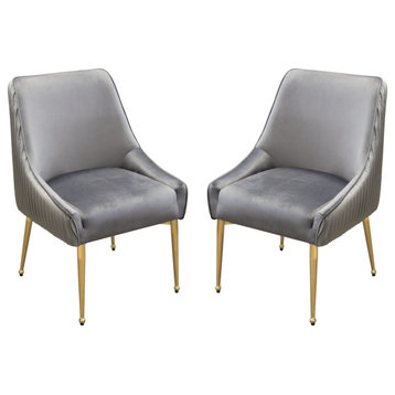 Set of (2) Quinn Dining Chairs Outside Pleat Detail in Grey Velvet Metal Leg
